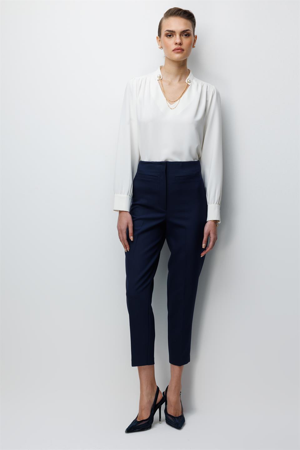 Flat Detail High-Waisted Trousers NAVY BLUE