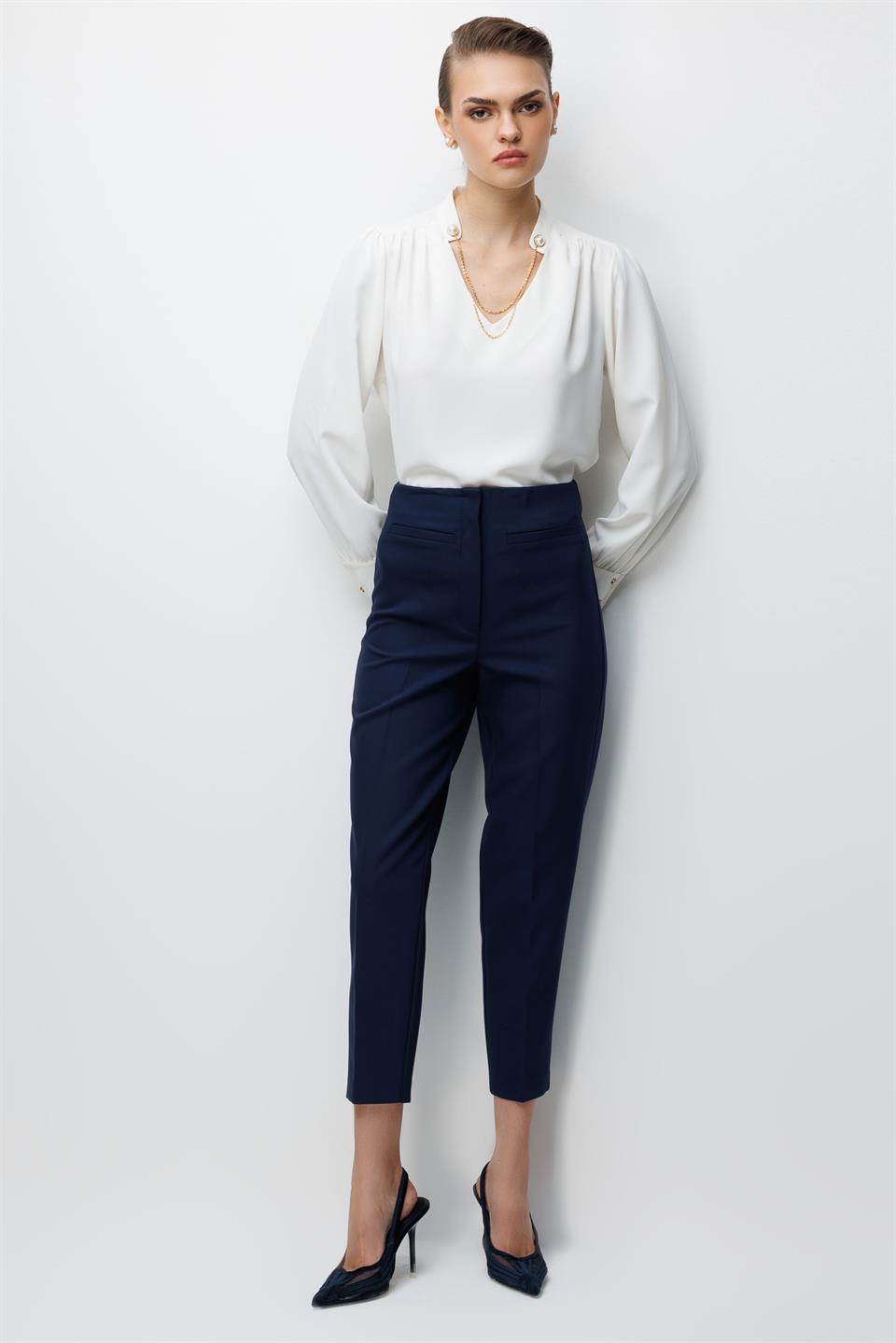 Flat Detail High-Waisted Trousers NAVY BLUE