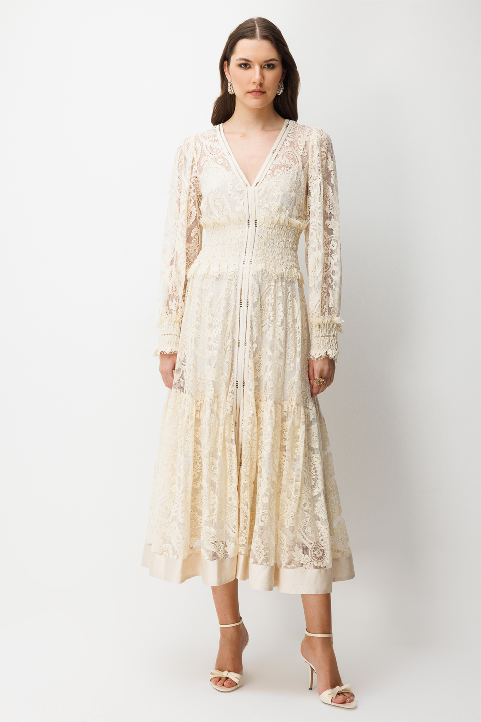 Floral Dantel Detaylı V Yaka Elbise EKRU