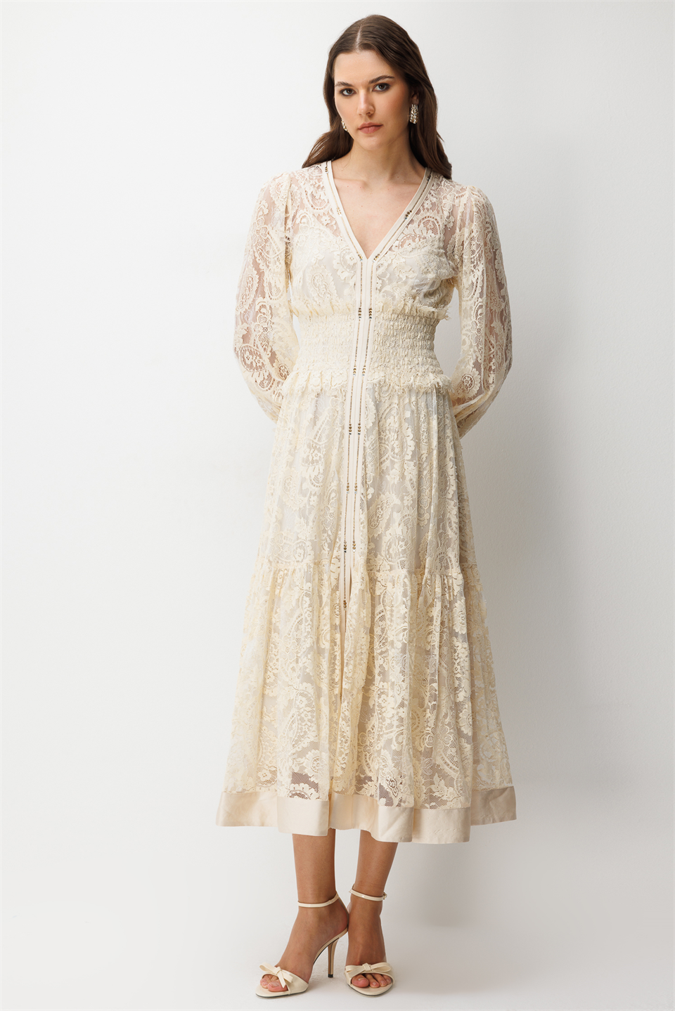 Floral Dantel Detaylı V Yaka Elbise EKRU