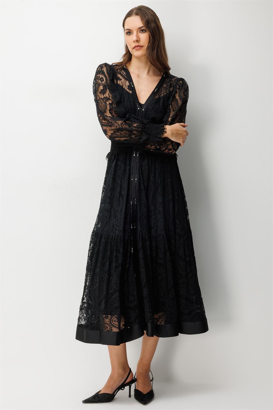 Floral Dantel Detaylı V Yaka Elbise SİYAH