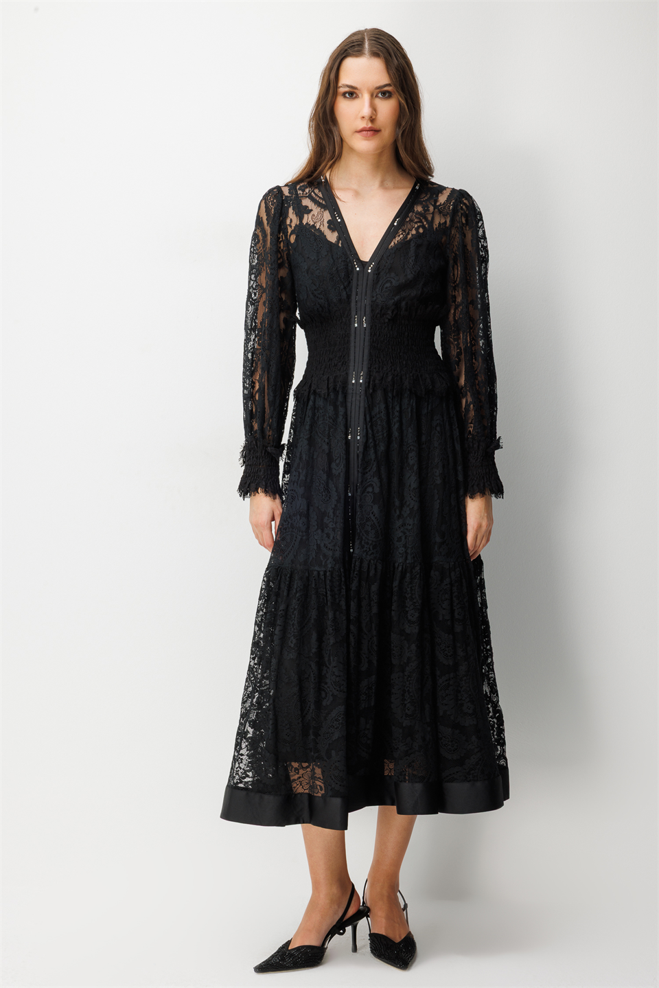 Floral Dantel Detaylı V Yaka Elbise SİYAH