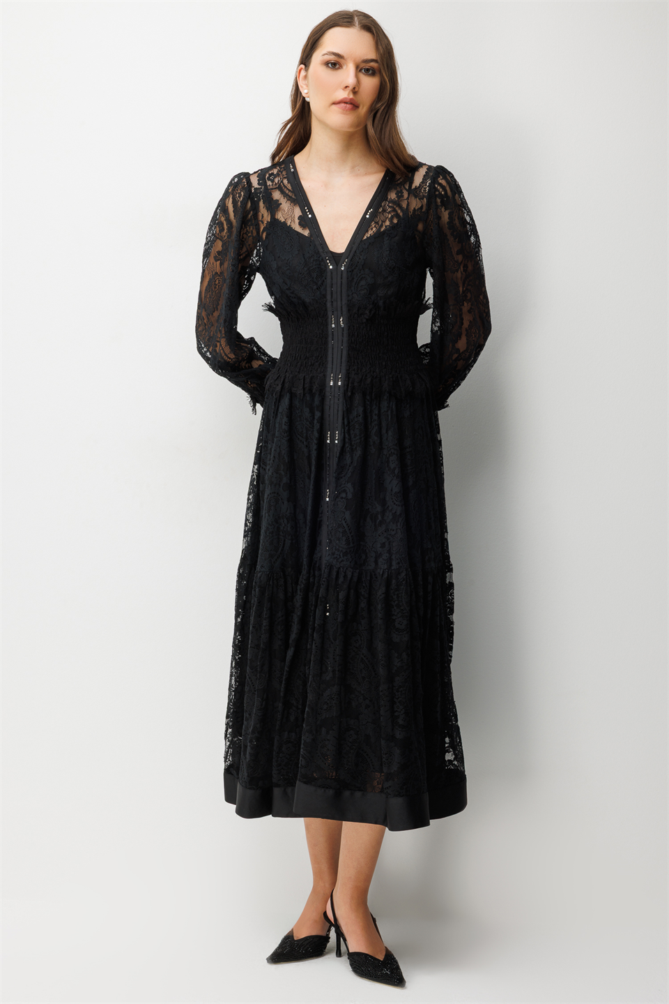 Floral Dantel Detaylı V Yaka Elbise SİYAH