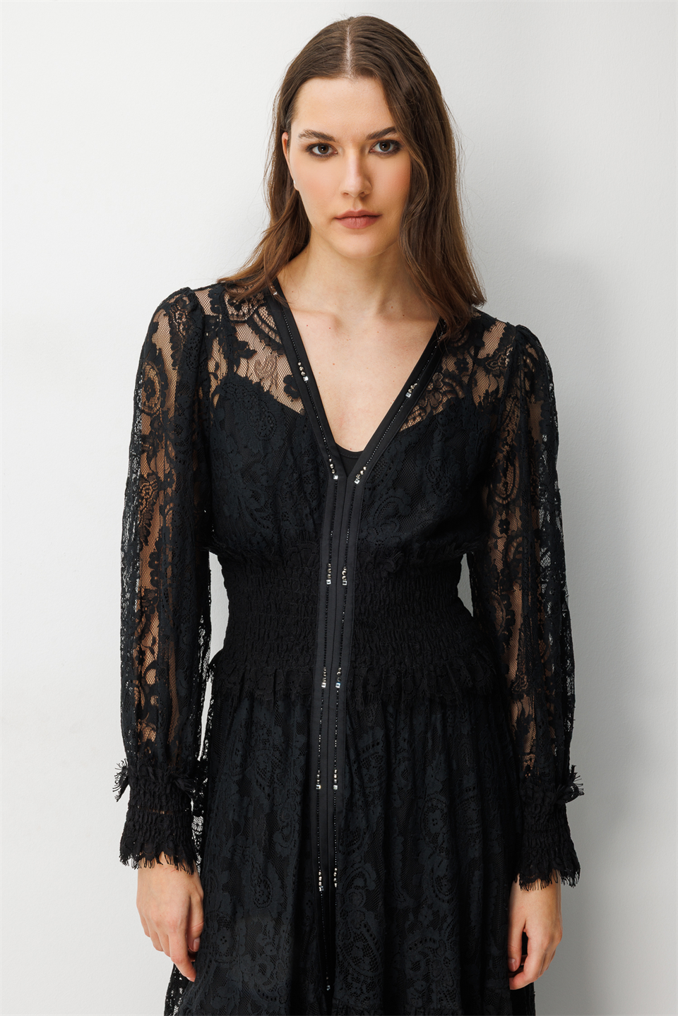 Floral Dantel Detaylı V Yaka Elbise SİYAH