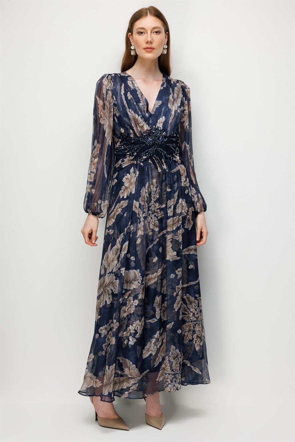 Floral Print V-Neck Chiffon Maxi Dress NAVY BLUE