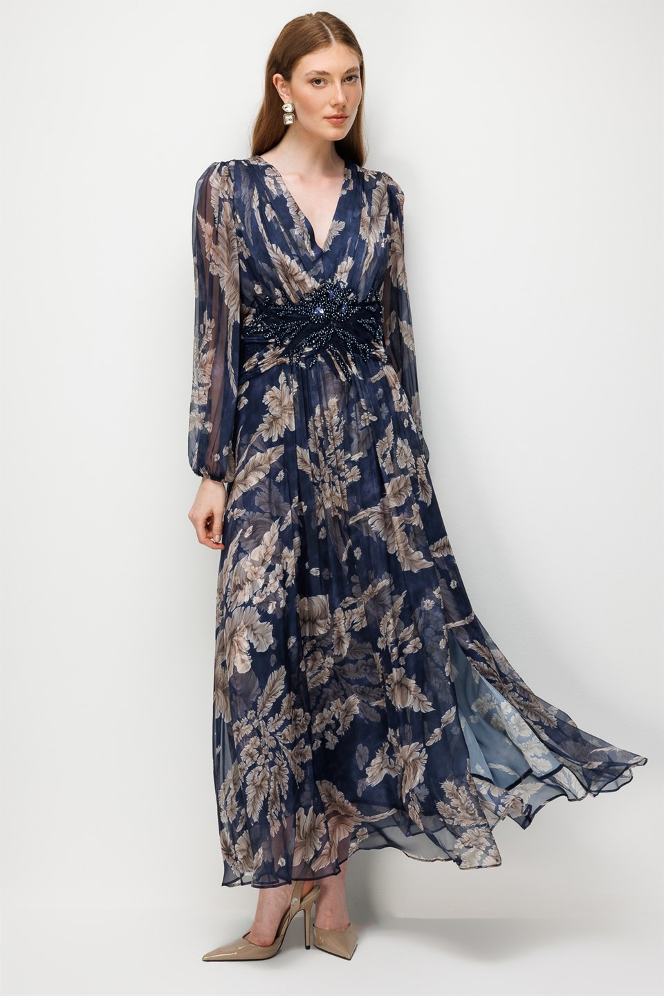 Floral Print V-Neck Chiffon Maxi Dress NAVY BLUE