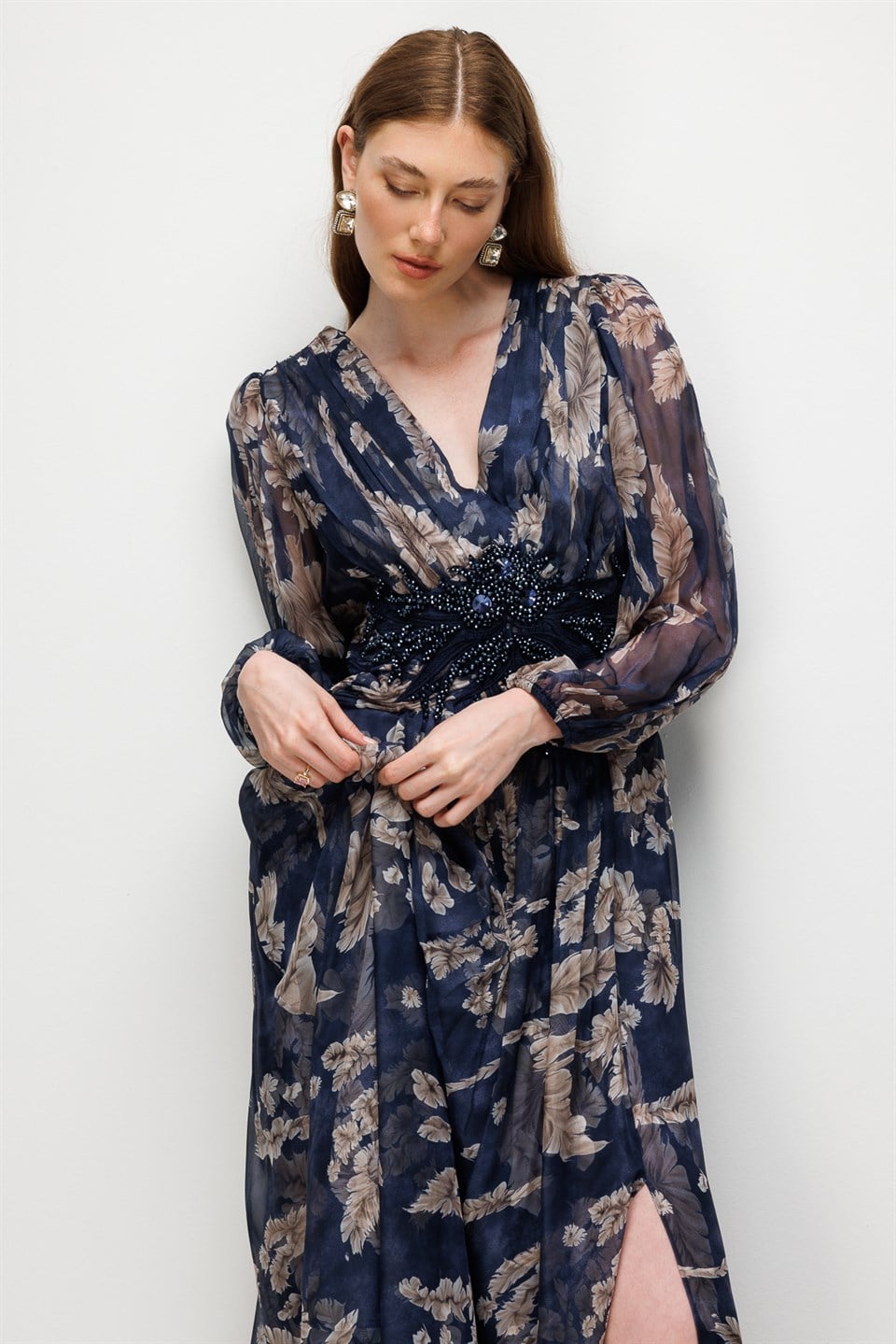 Floral Print V-Neck Chiffon Maxi Dress NAVY BLUE