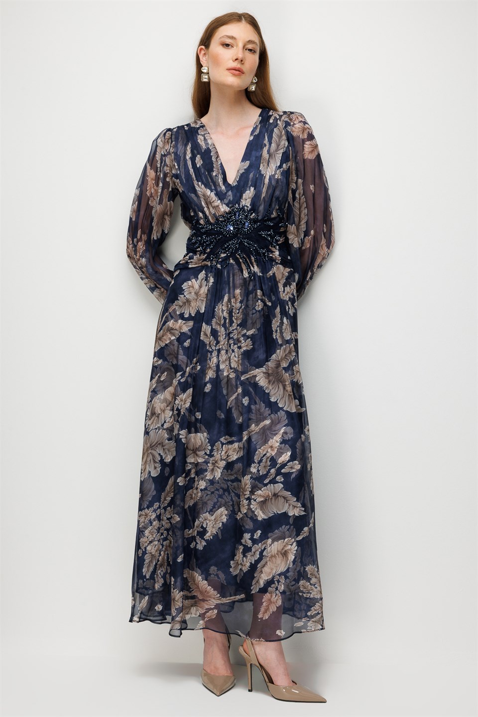 Floral Print V-Neck Chiffon Maxi Dress NAVY BLUE