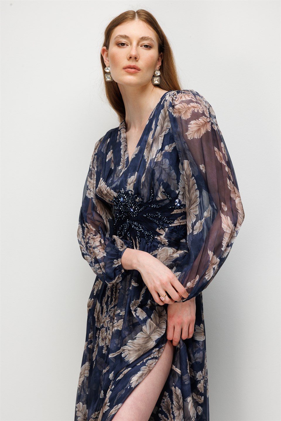 Floral Print V-Neck Chiffon Maxi Dress NAVY BLUE