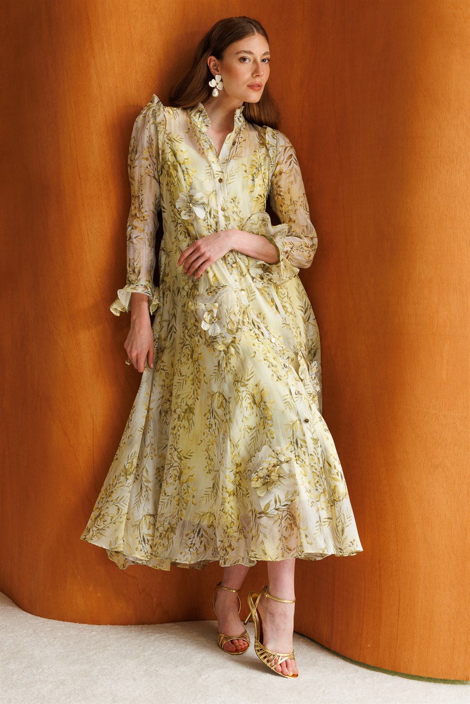 Floral Desenli Şifon Elbise SARI