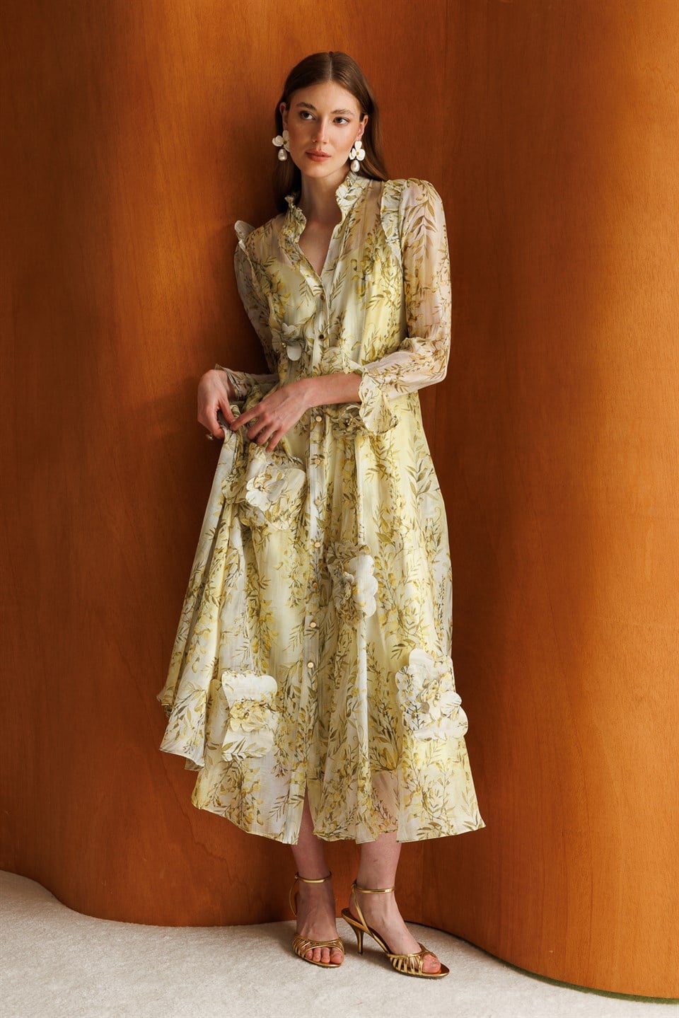 Floral Desenli Şifon Elbise SARI