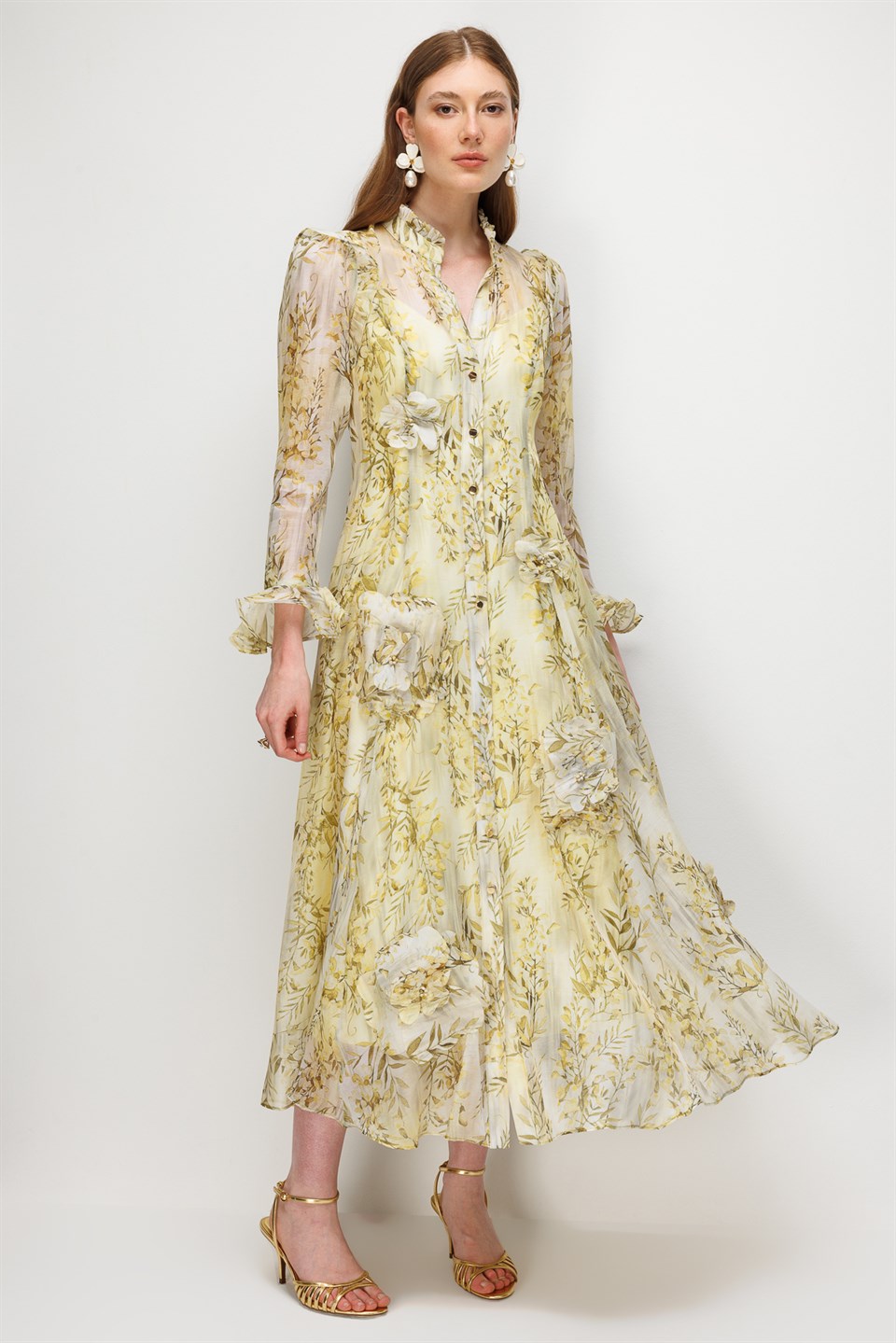 Floral Desenli Şifon Elbise SARI