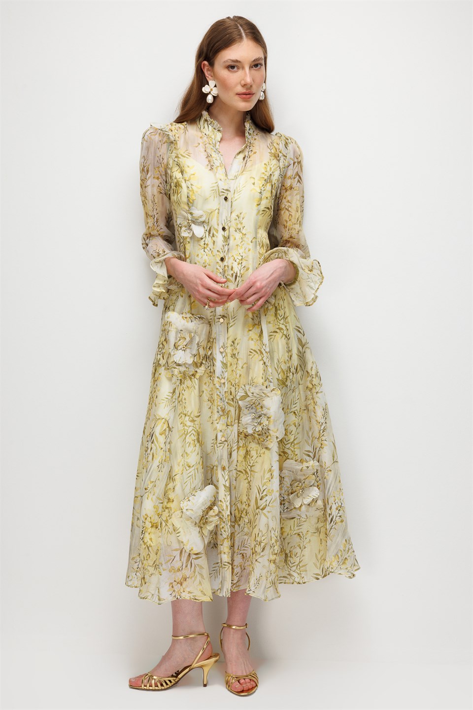 Floral Desenli Şifon Elbise SARI