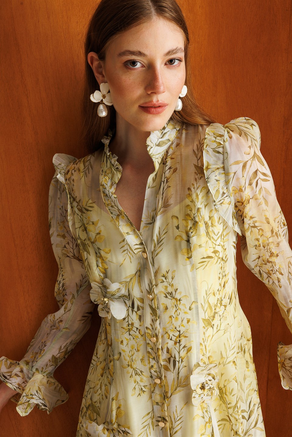 Floral Desenli Şifon Elbise SARI