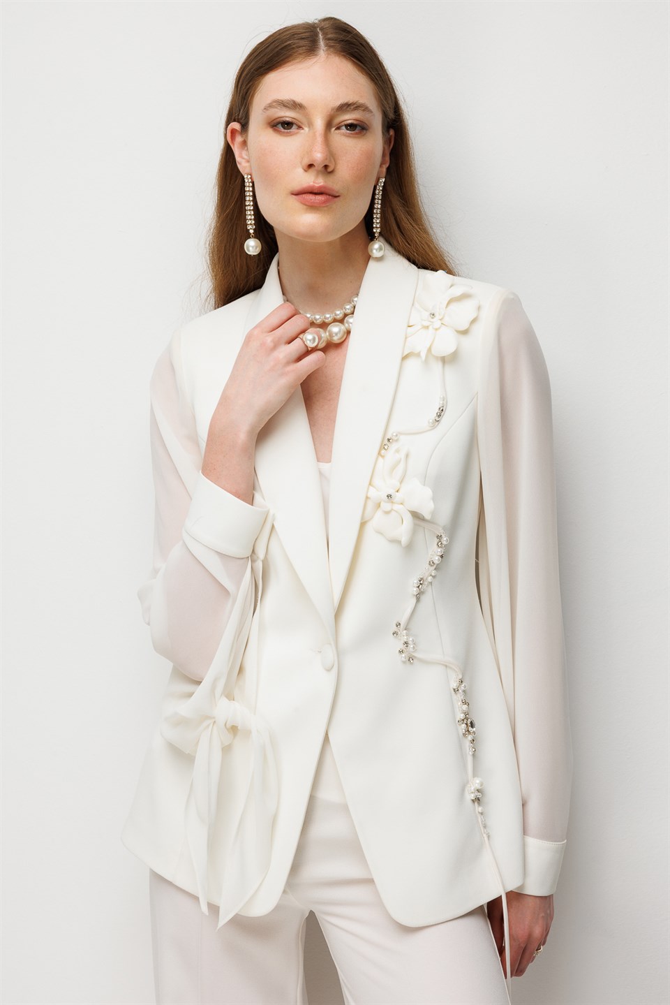 Floral Detaylı Blazer Ceket Pantolon Takım EKRU