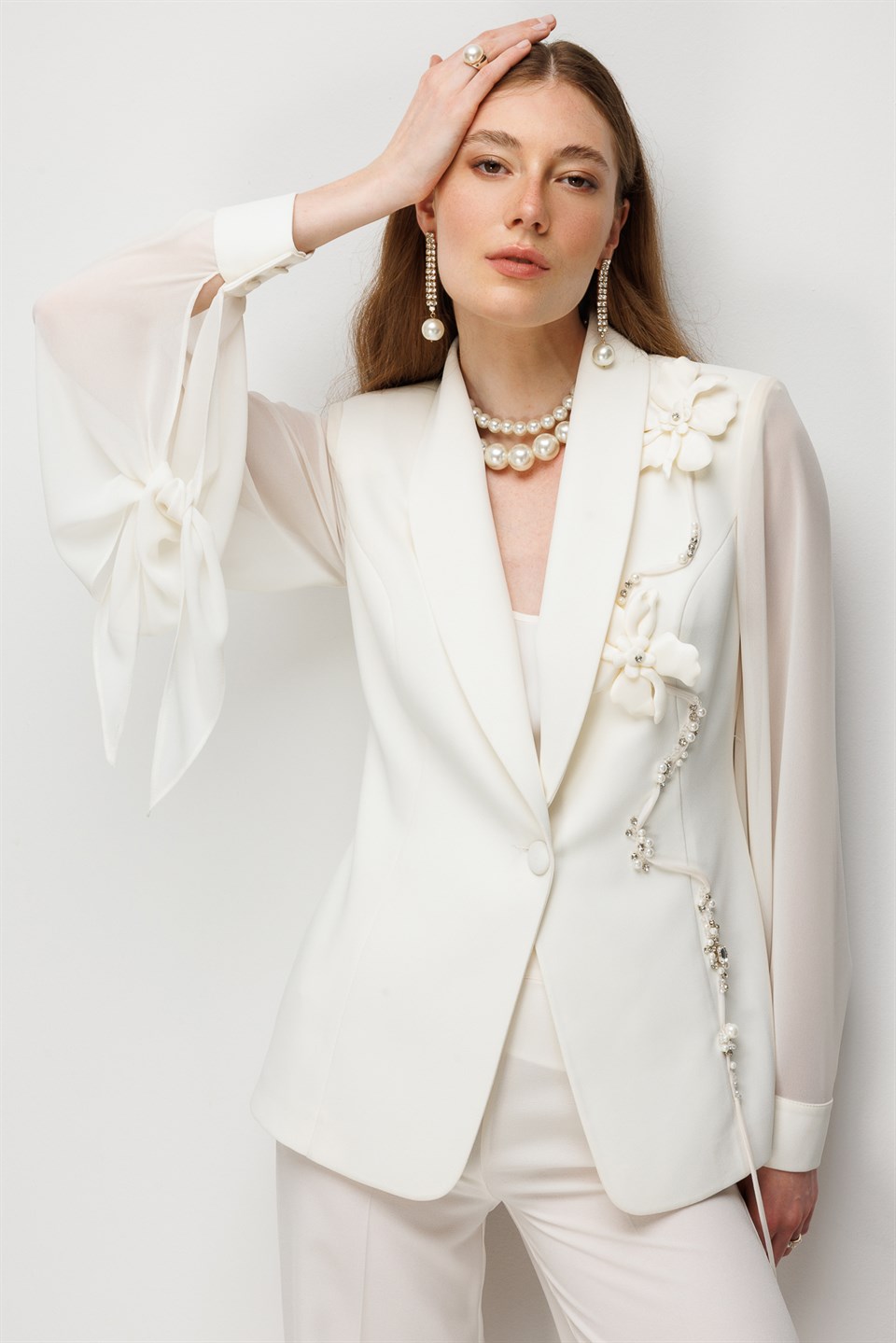 Floral Detaylı Blazer Ceket Pantolon Takım EKRU