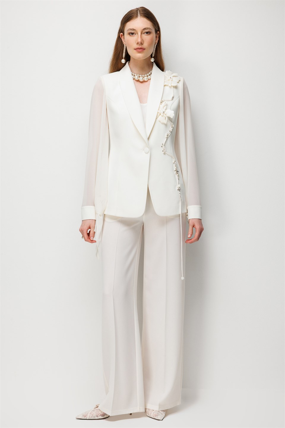 Floral Detaylı Blazer Ceket Pantolon Takım EKRU