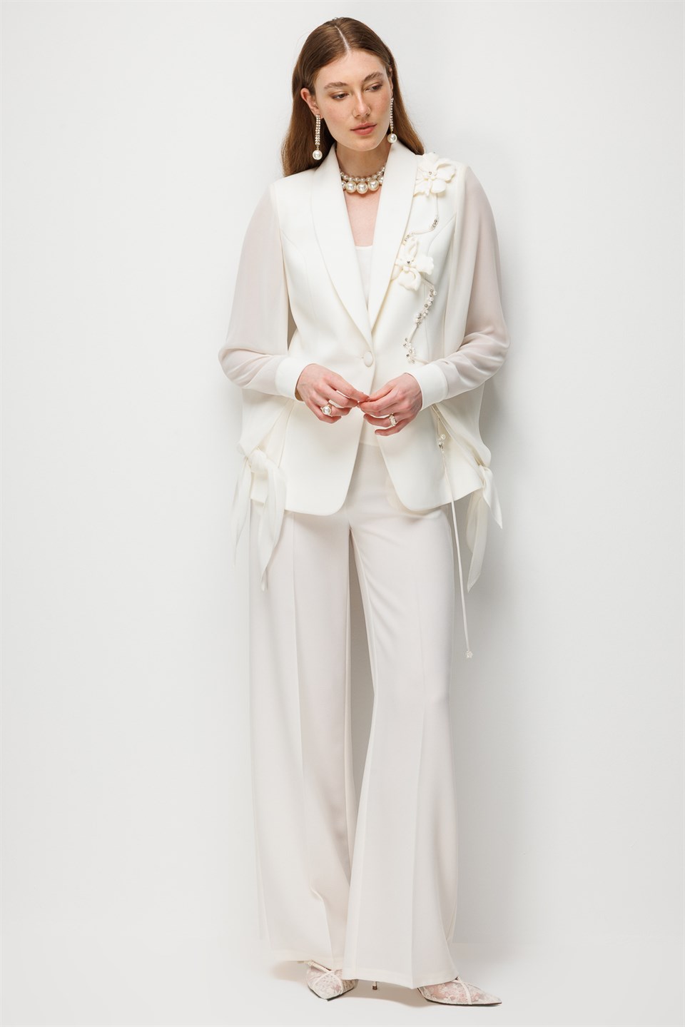 Floral Detaylı Blazer Ceket Pantolon Takım EKRU