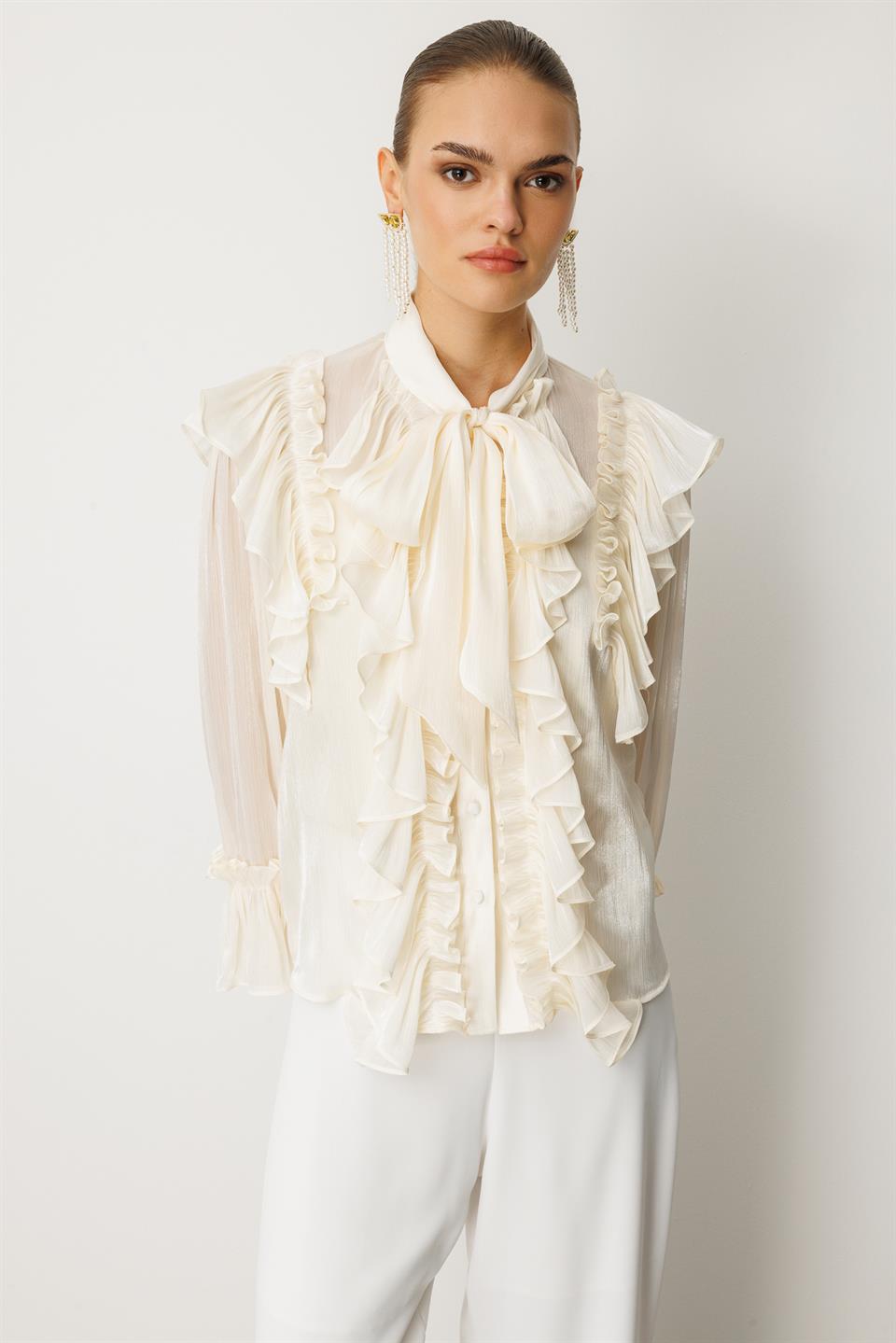 Fular Detaylı Organze Bluz EKRU