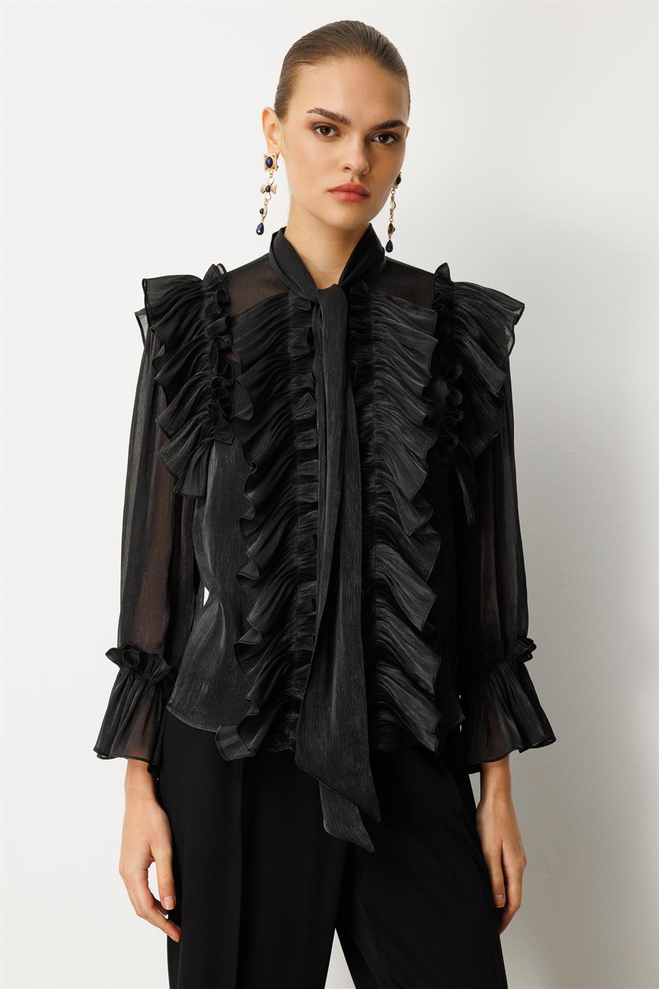 Fular Detaylı Organze Bluz SİYAH