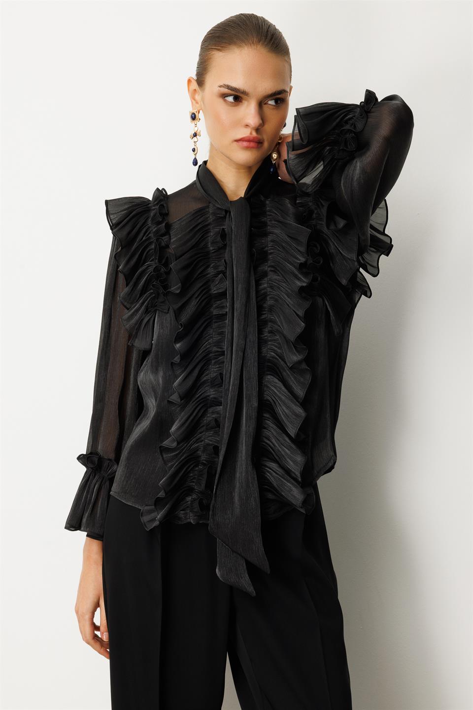 Fular Detaylı Organze Bluz SİYAH