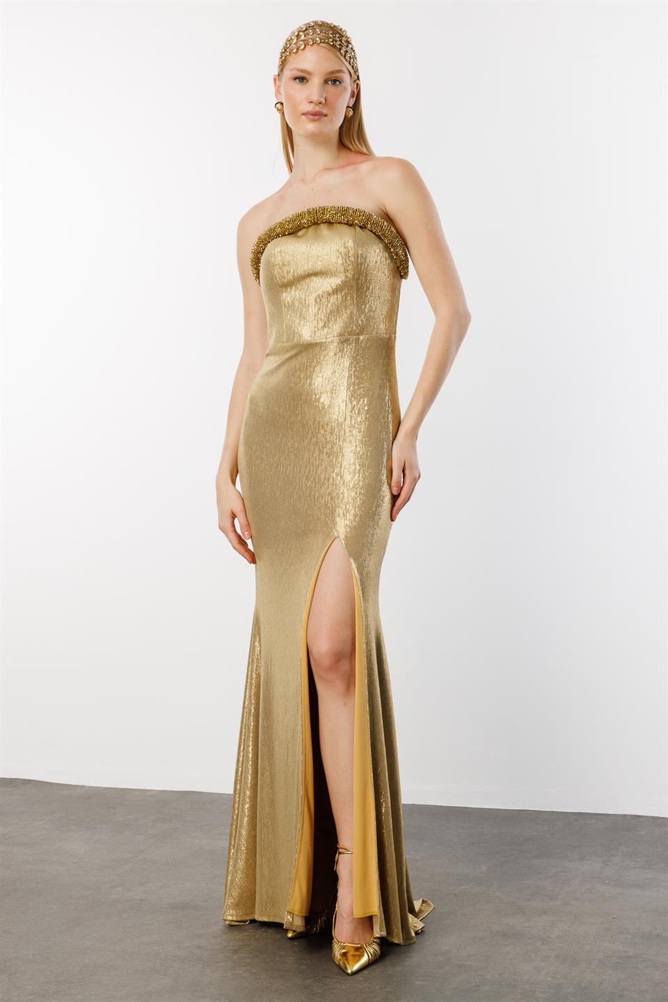 Strapless Dress with Cylinder Embroidered Chest GOLD