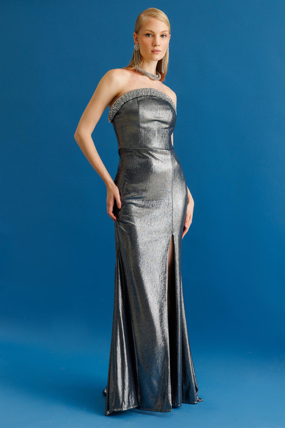 Strapless Dress with Cylinder Embroidered Chest ANTHRACITE