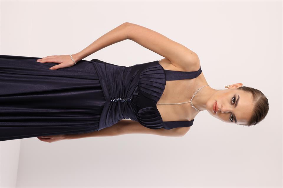 Göğüs Midye Desen Elbise LACİVERT