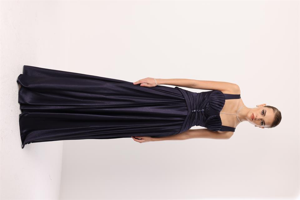 Göğüs Midye Desen Elbise LACİVERT