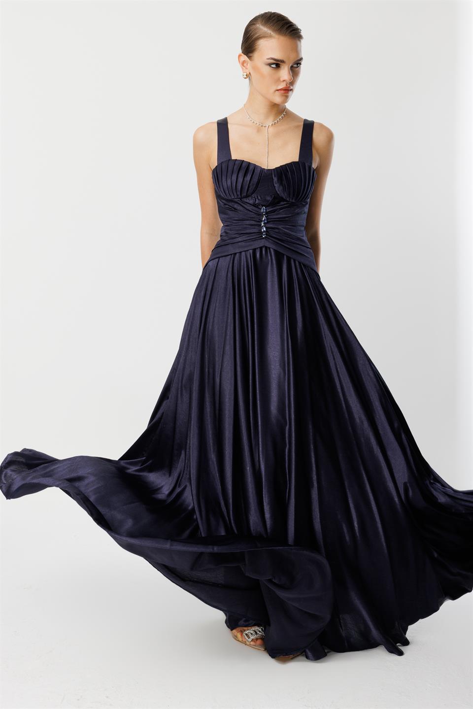 Göğüs Midye Desen Elbise LACİVERT