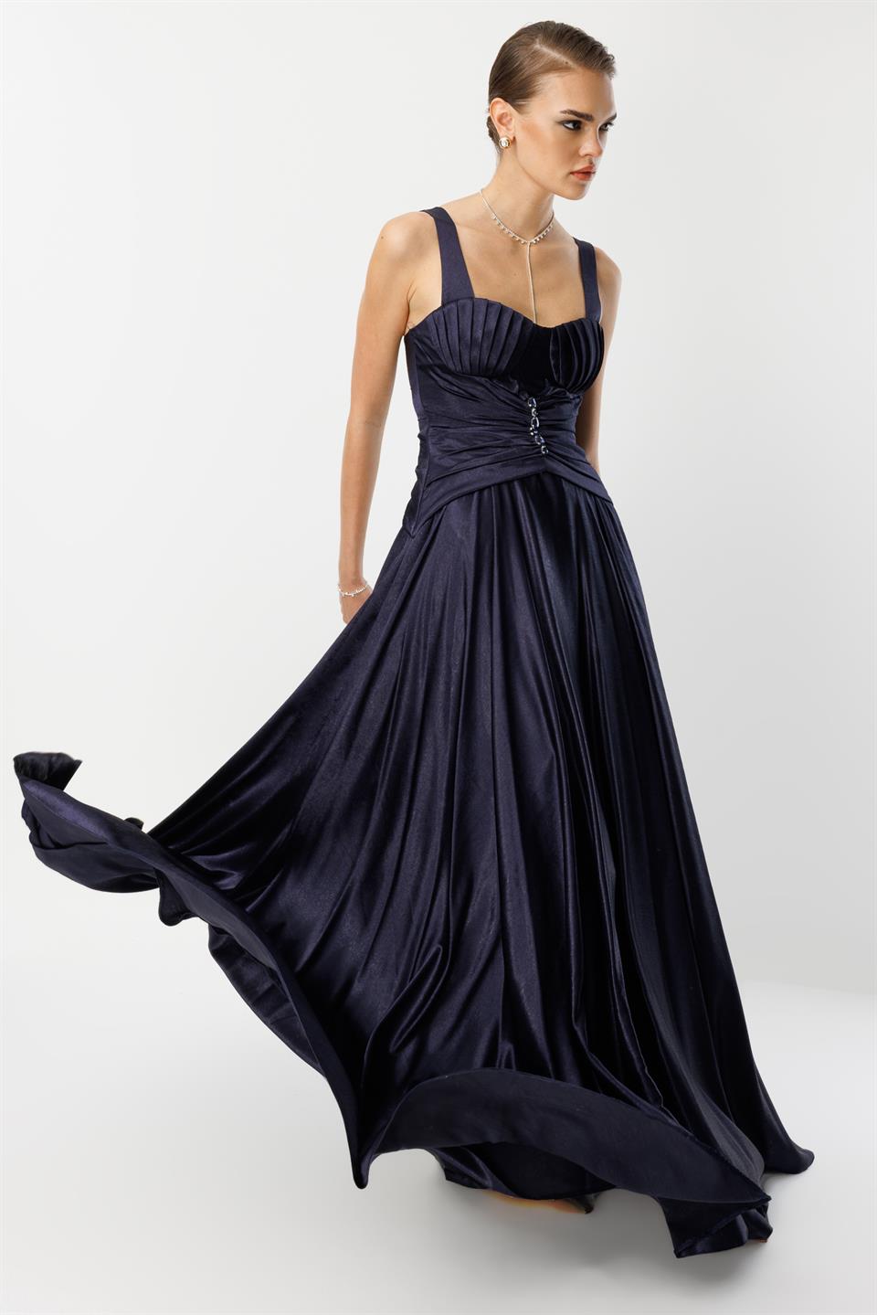 Göğüs Midye Desen Elbise LACİVERT