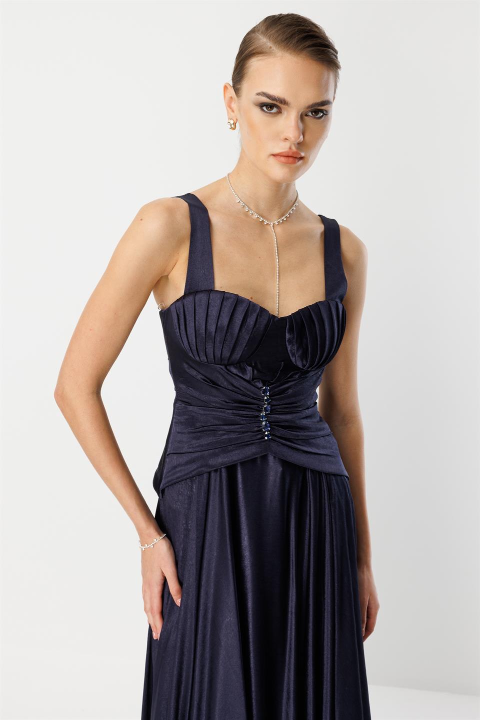 Göğüs Midye Desen Elbise LACİVERT