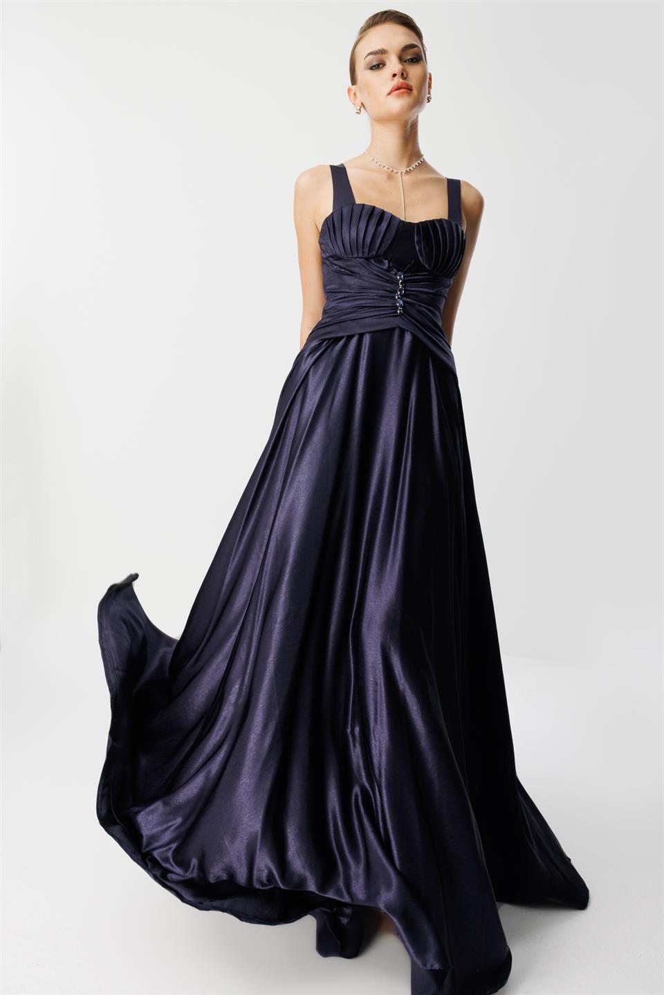 Göğüs Midye Desen Elbise LACİVERT