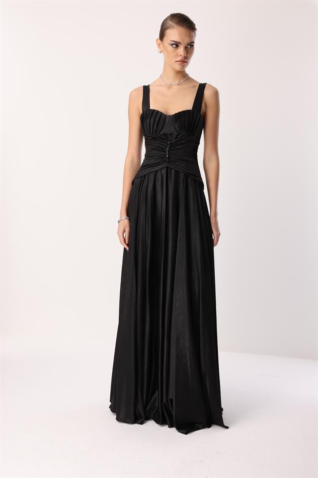 Göğüs Midye Desen Elbise SİYAH