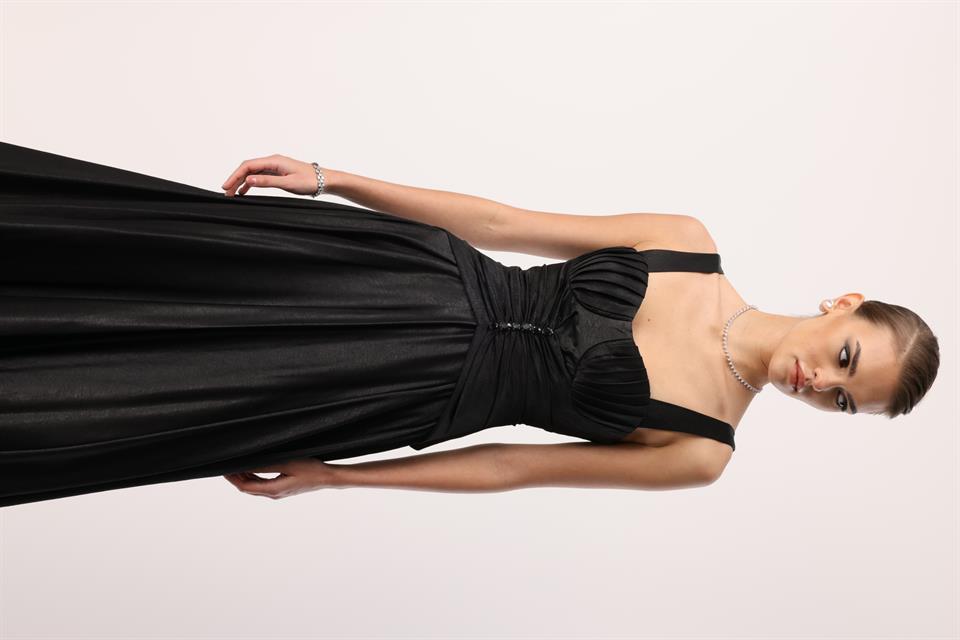 Göğüs Midye Desen Elbise SİYAH