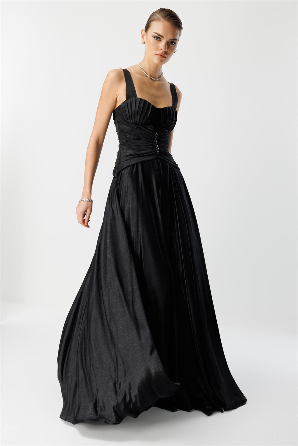 Göğüs Midye Desen Elbise SİYAH