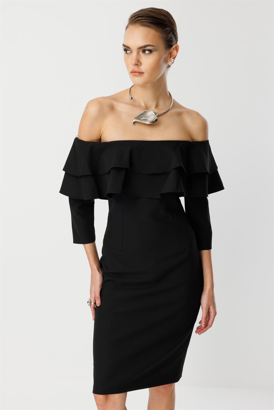 Göğüs Volan Detaylı Elbise SİYAH