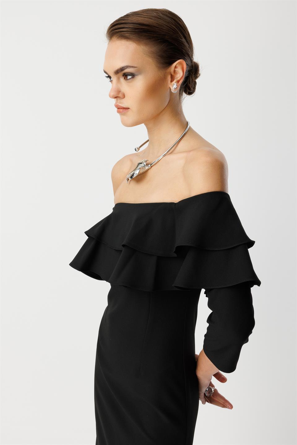 Göğüs Volan Detaylı Elbise SİYAH