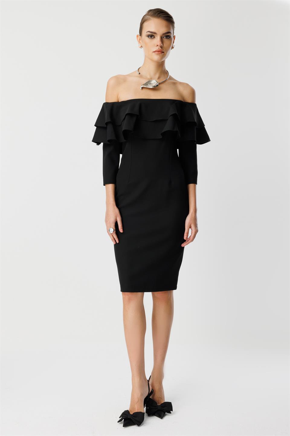 Göğüs Volan Detaylı Elbise SİYAH