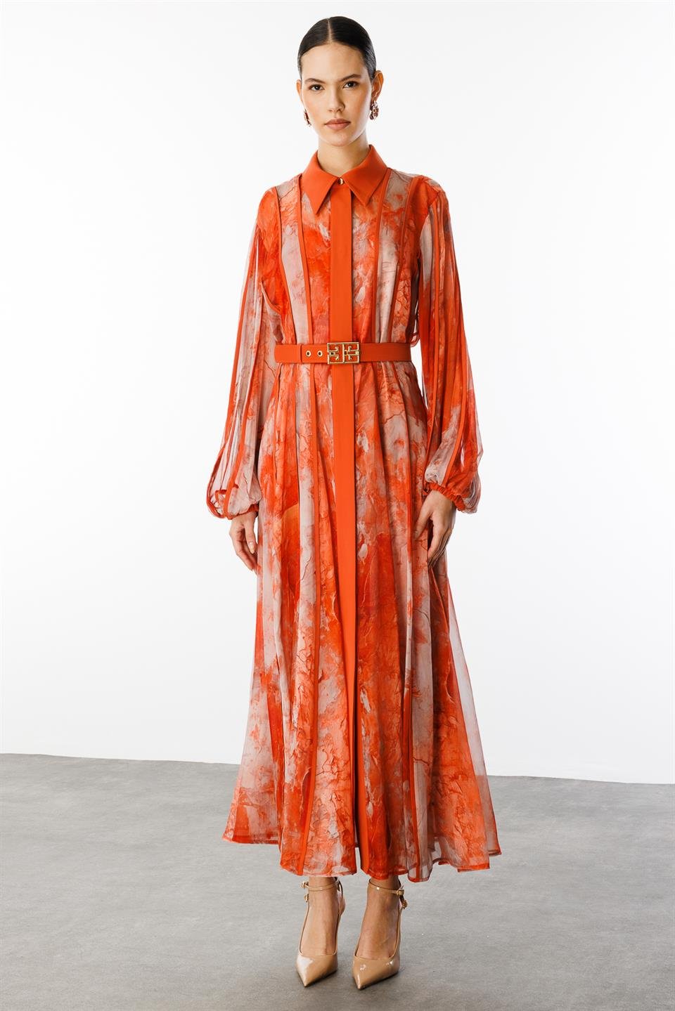 Gömlek Yaka Maxi Boy Elbise ORANJ