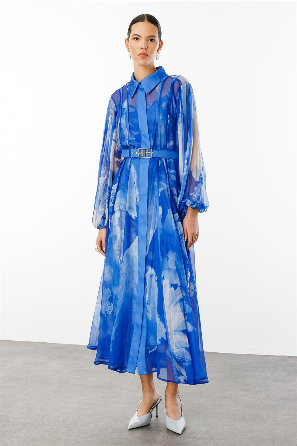 Gömlek Yaka Maxi Boy Kemerli Elbise MAVİ