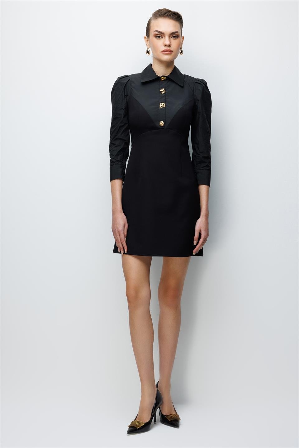 Gömlek Yaka Vatkalı Mini Elbise SİYAH