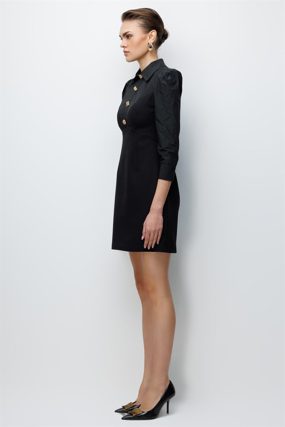 Gömlek Yaka Vatkalı Mini Elbise SİYAH