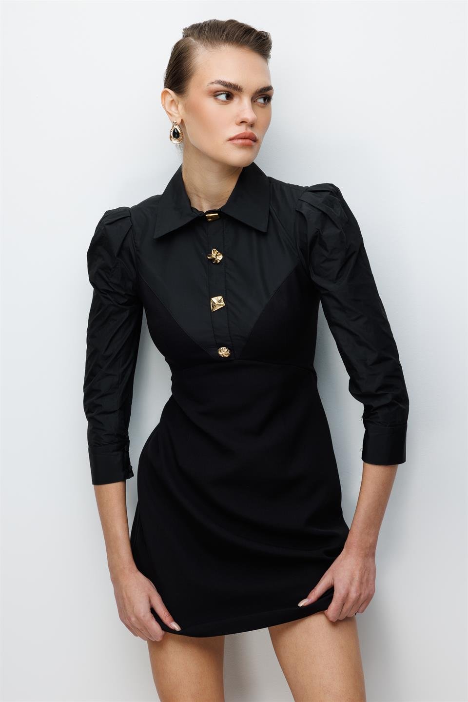 Gömlek Yaka Vatkalı Mini Elbise SİYAH