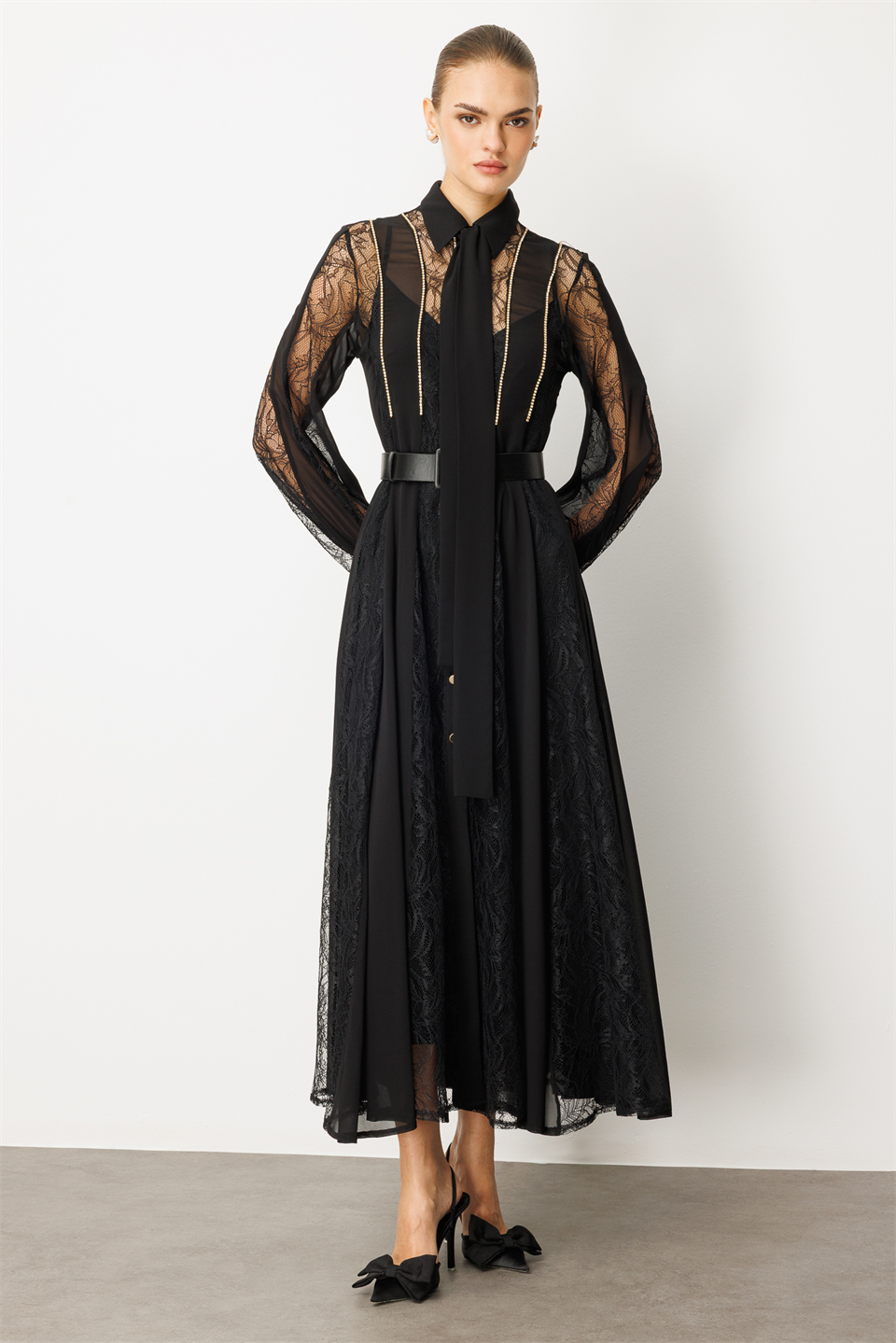 Shirt Collar Chain Strap Maxi Dress BLACK