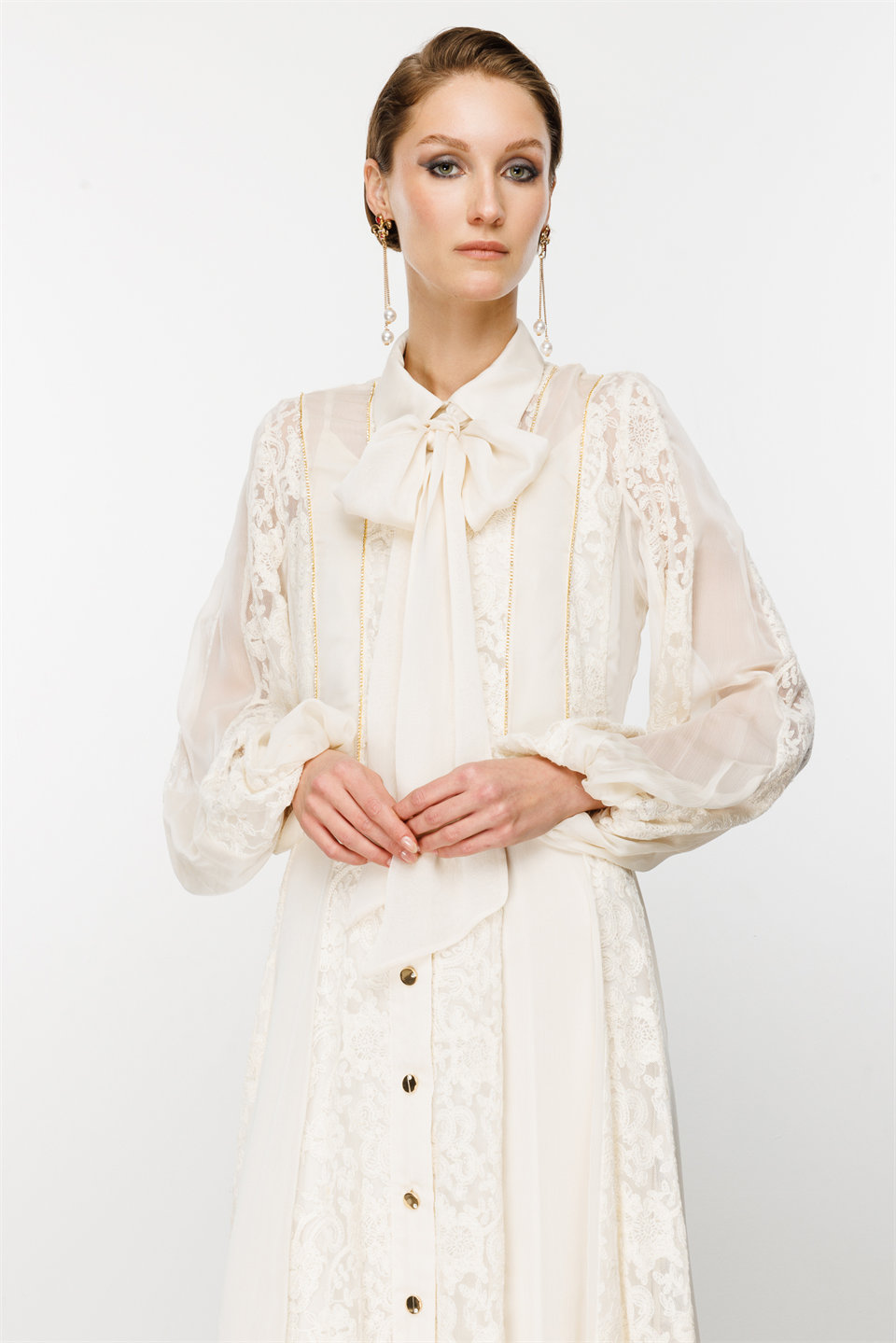 Shirt Collar Chain Strap Maxi Dress Ecru