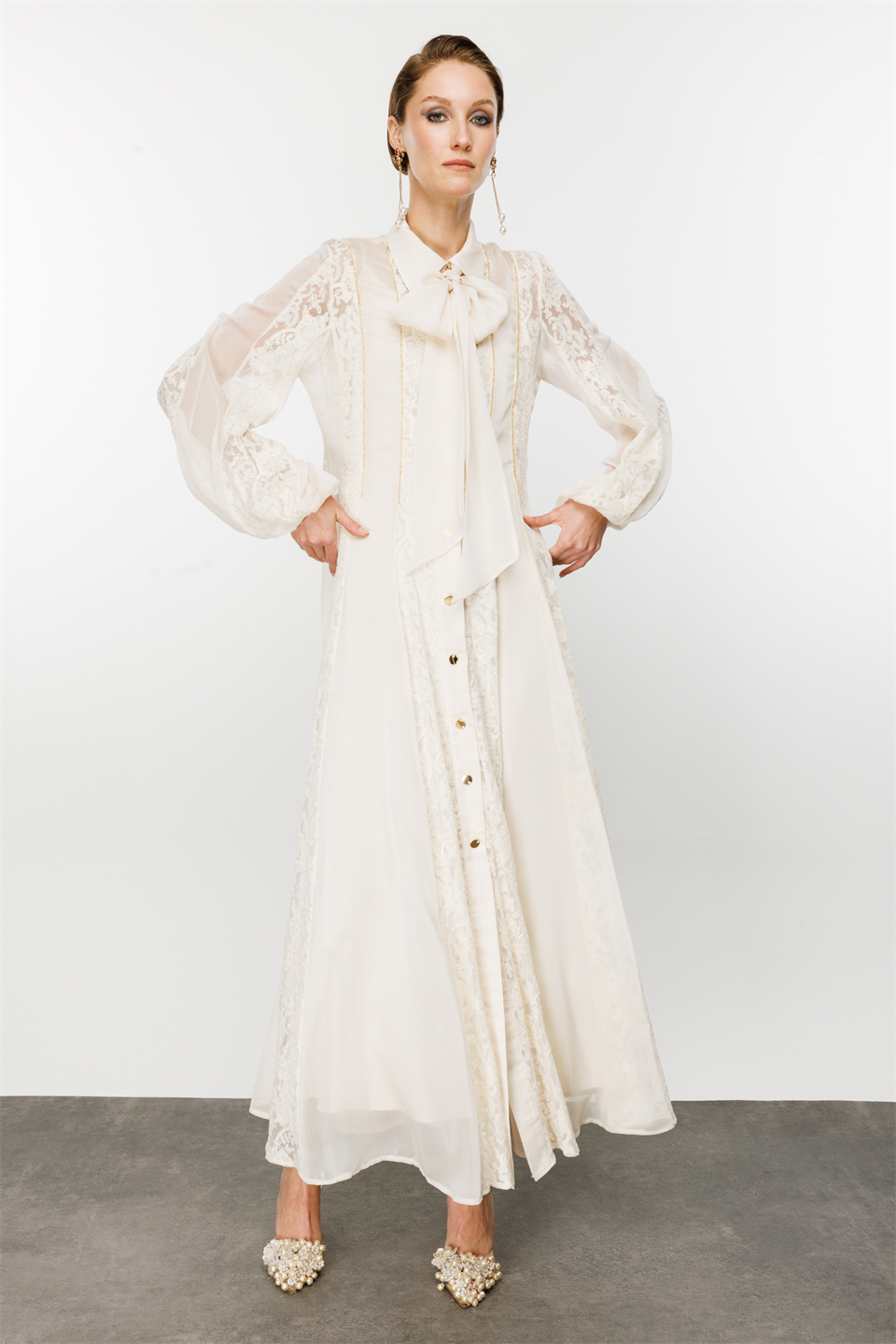 Shirt Collar Chain Strap Maxi Dress Ecru