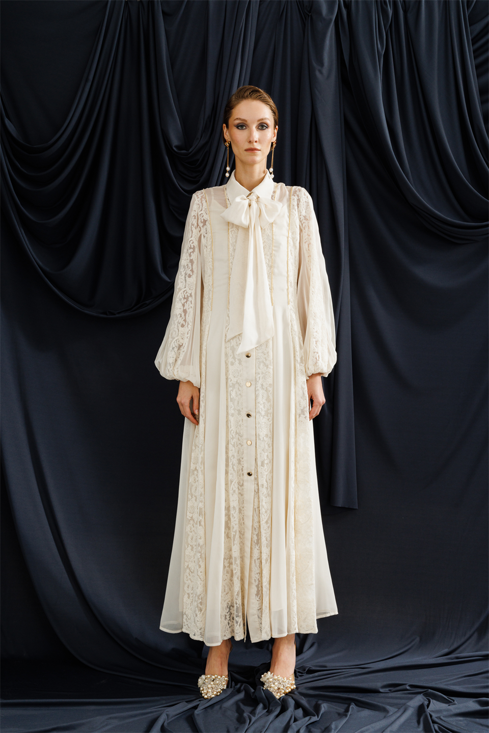 Shirt Collar Chain Strap Maxi Dress Ecru