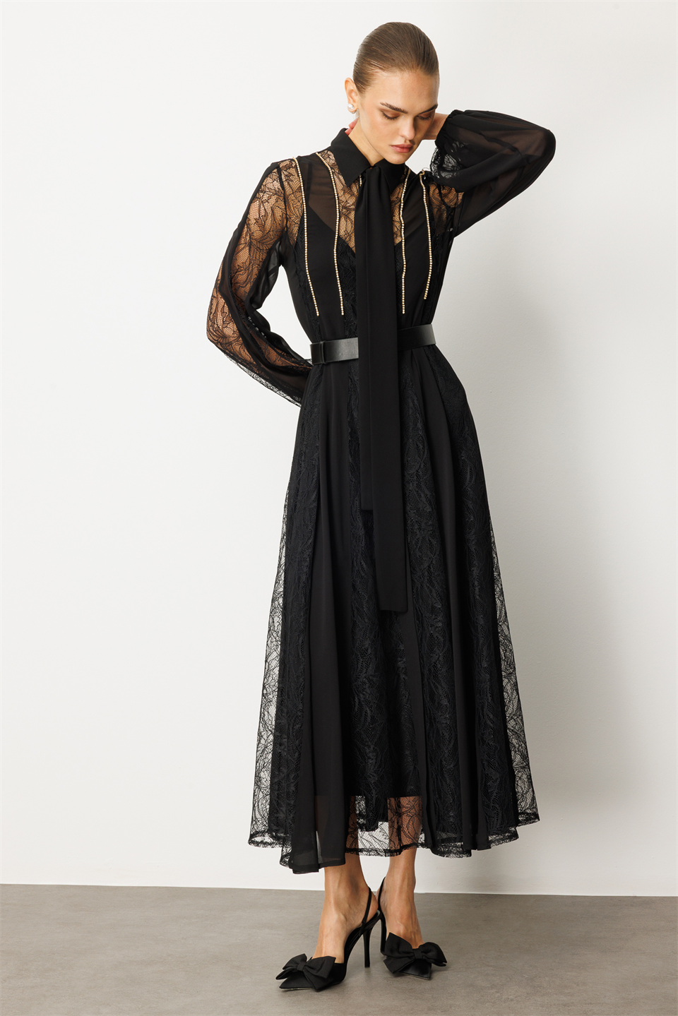 Shirt Collar Chain Strap Maxi Dress BLACK