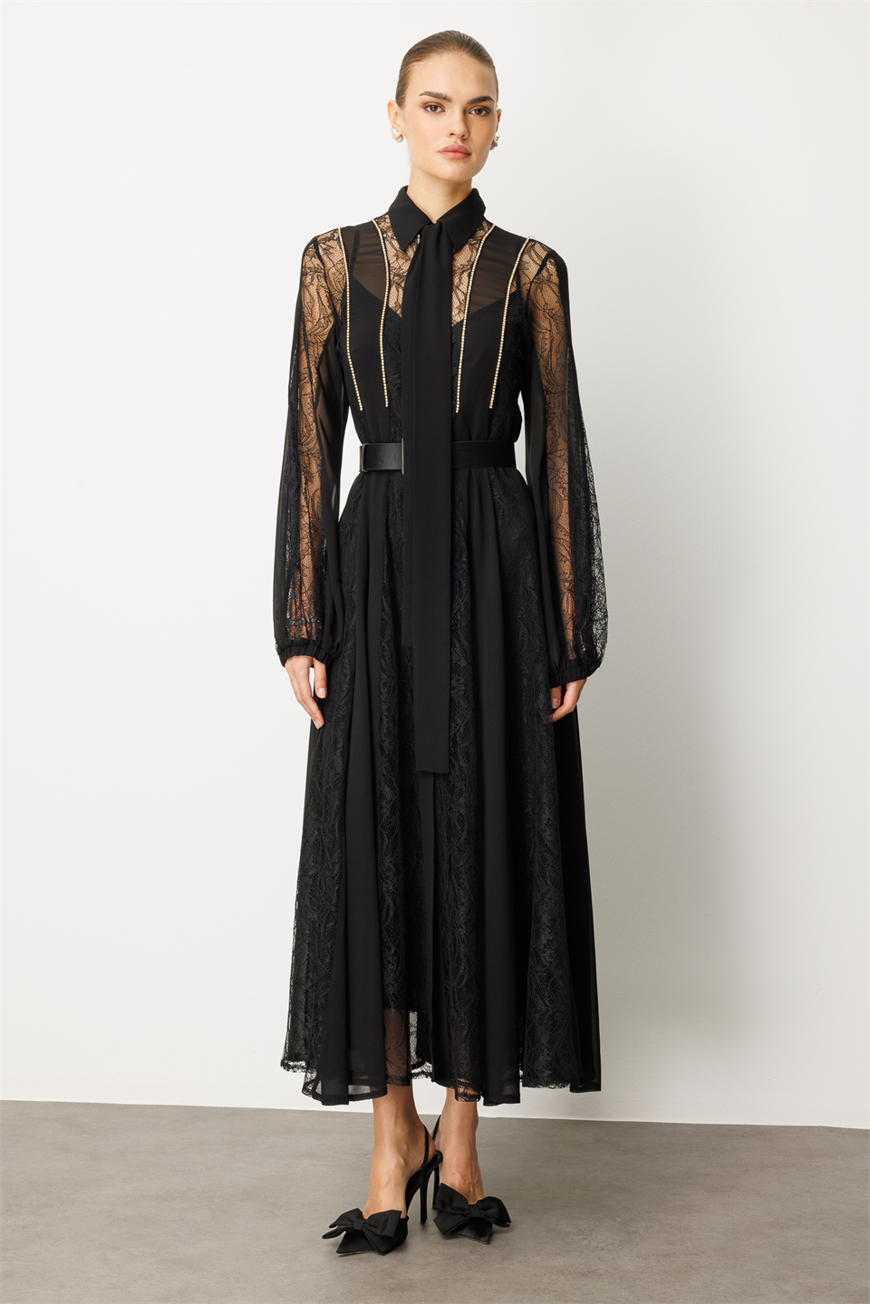 Shirt Collar Chain Strap Maxi Dress BLACK